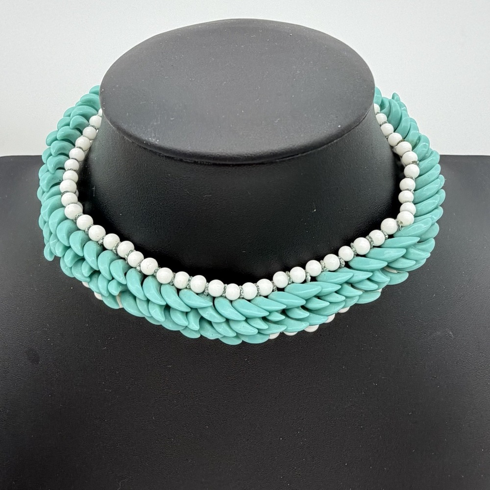 Vtg Haskell Era Turquoise Milk Glass Choker Necklace Hand Made Blue White Spiked - Picture 2 of 13